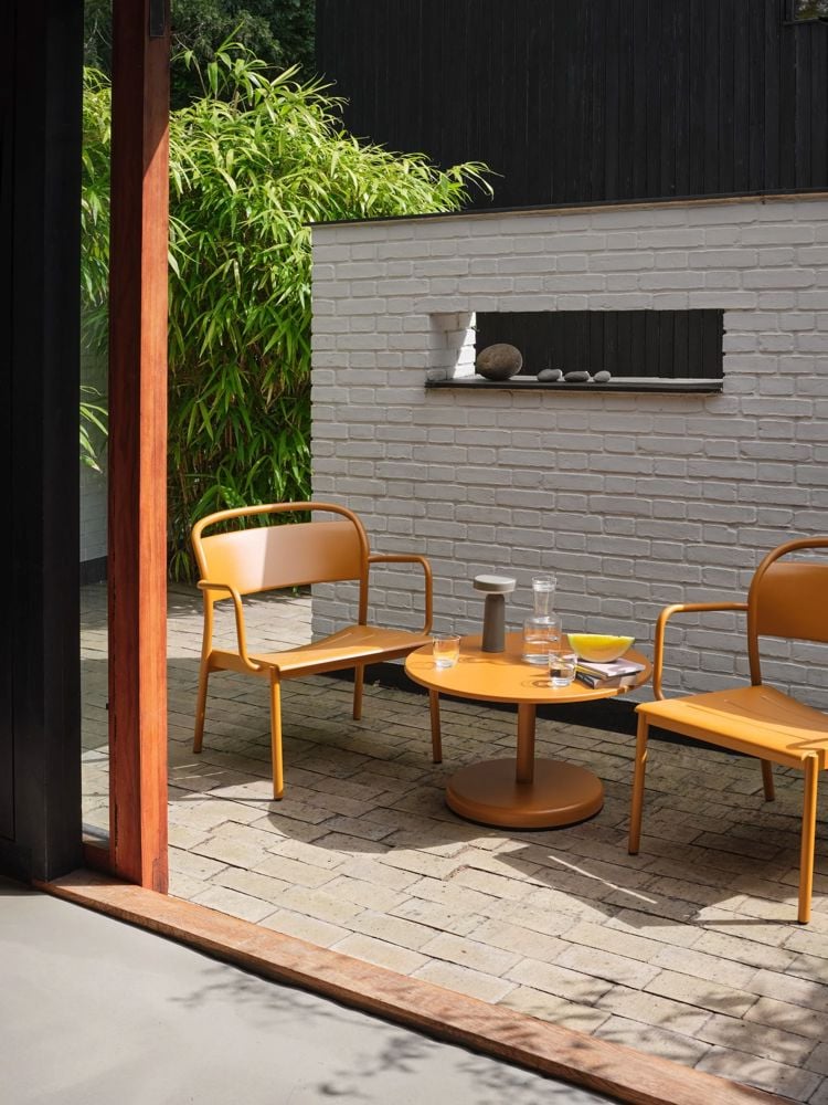 linear steel lounge armchair coffee table 70 burnt orange ease taupe raise clear muuto org