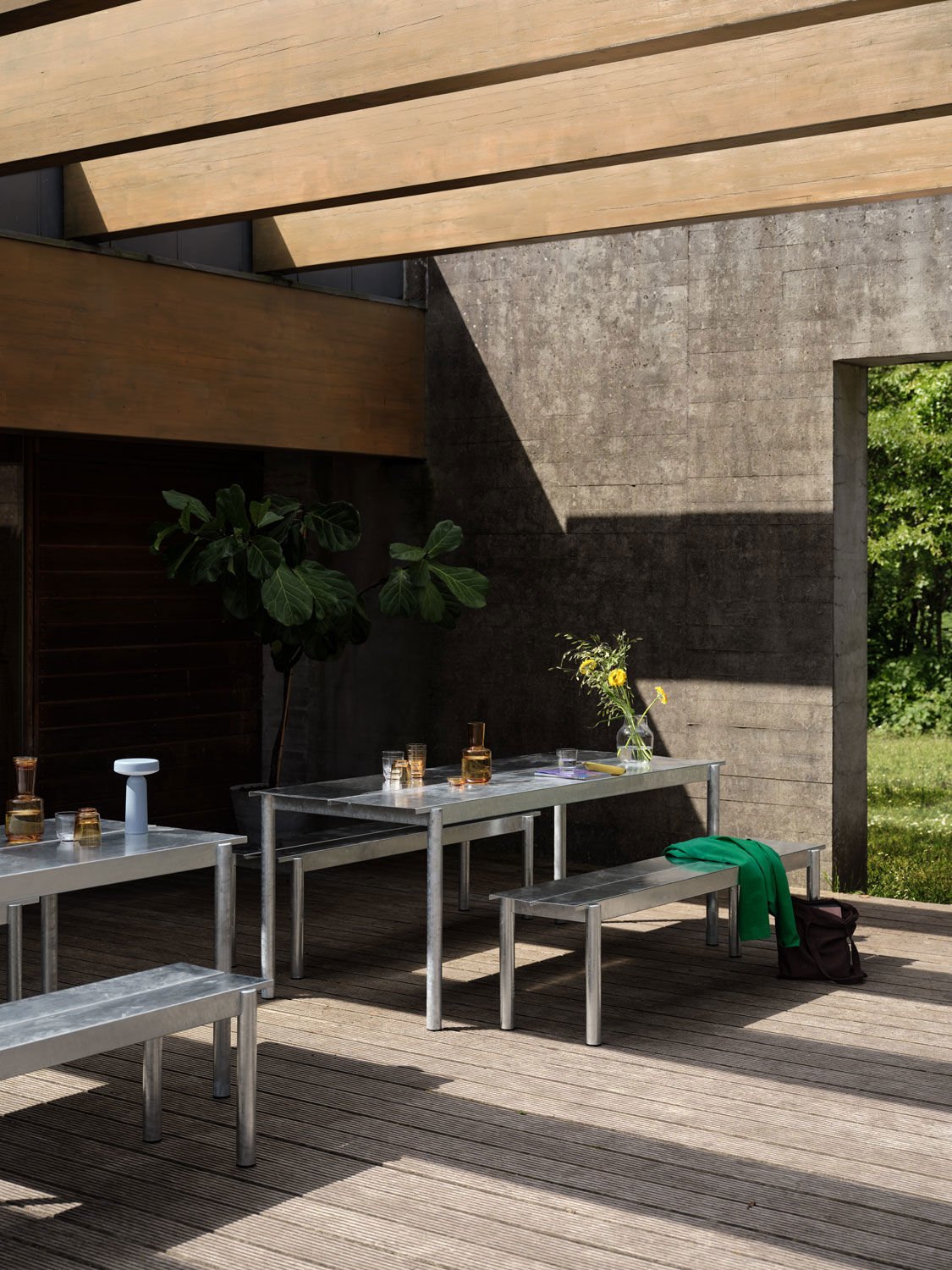 linear steel warm galvanized bench table ease portable lamp light blue raise carafe glasses burnt orange silent vase
