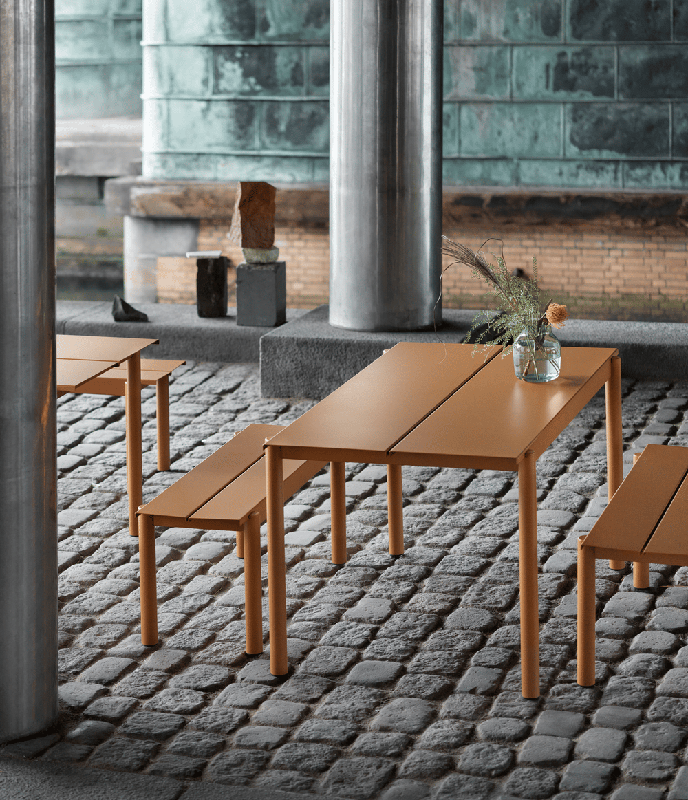 linear steel table bench burnt orange silent vertical 2 muuto
