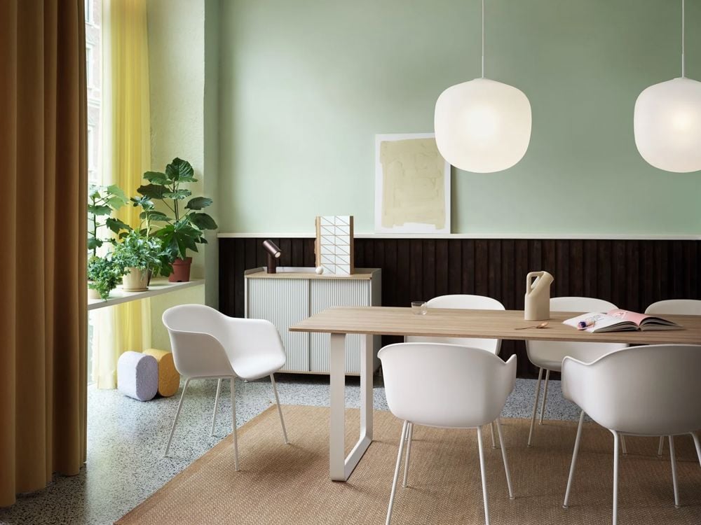 70 70 solid oak fiber arm tube white rime pendant white ply burnt orange enfold grey beam muuto org