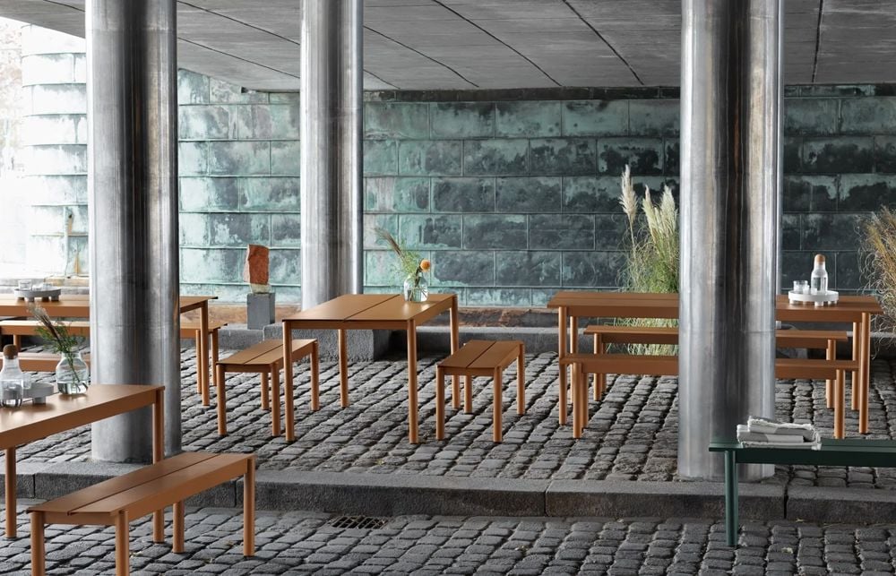 linear steel table bench burnt orange dark green silent platform corky muuto org