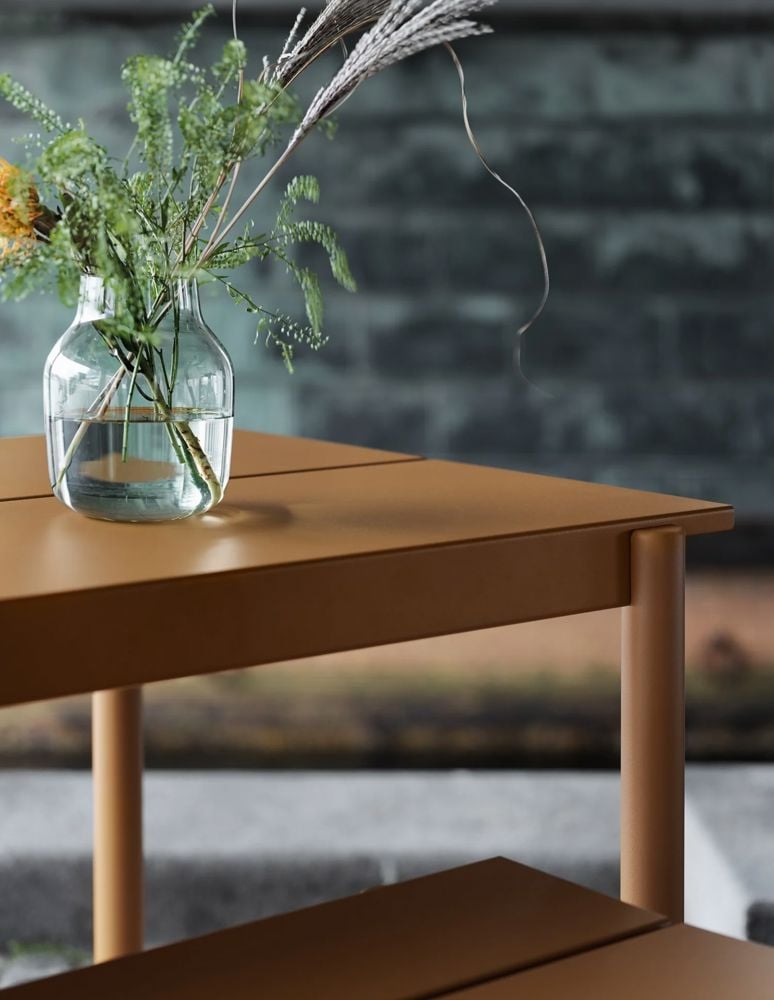 linear steel table bench burnt orange silent detail muuto org