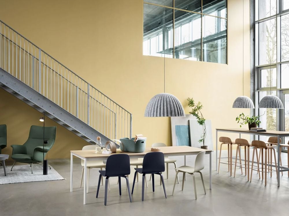 visu chair midnight blue sand visu bar oak base table oak white under the bell doze lounge post lamp muuto org