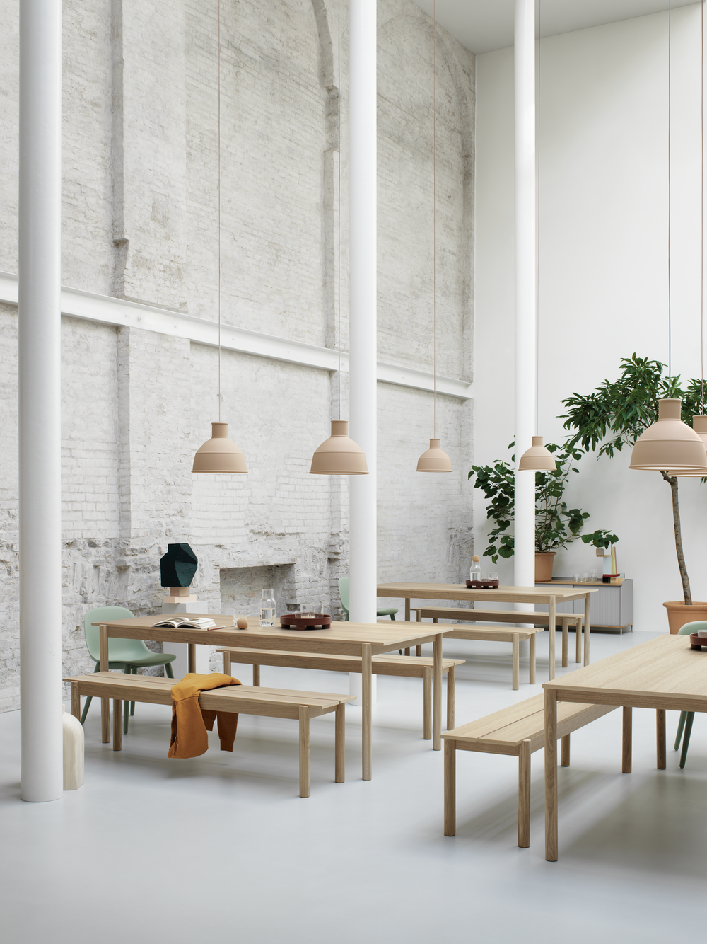 linear wood table bench oak fiber side dusty green unfold nude enfold grey platform tray muuto